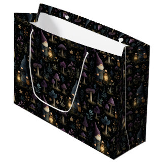 Grand Sac Cadeau Imaginaire foncé Gnome et Motif de champignons