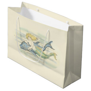 Grand Sac Cadeau Imaginaire nautique vintage de sirène et de dauphi