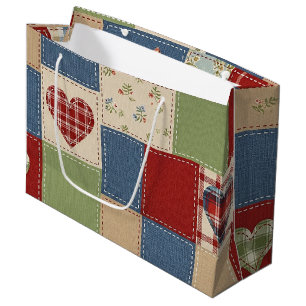 Grand Sac Cadeau Impression de patchwork de cœur de ferme vintage