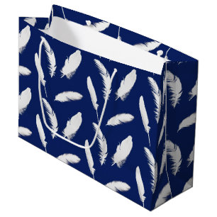Grand Sac Cadeau Impression en plumes blanches sur bleu foncé