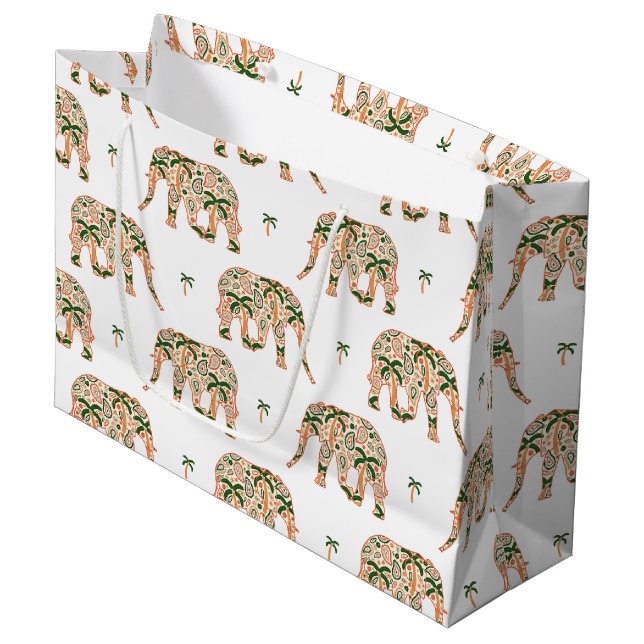 Grand Sac Cadeau Indian Floral Paisley Ornate Elephants (Devant Angle)