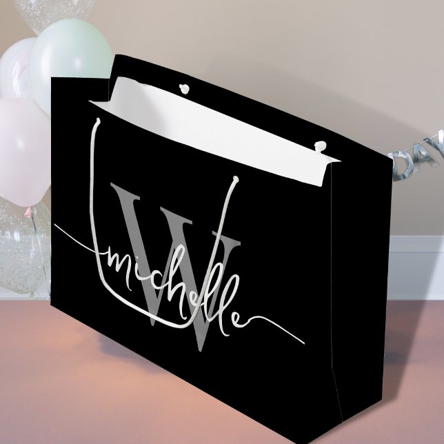 Grand Sac Cadeau Initiale de monogramme de style moderne gris noir  (Créateur téléchargé)