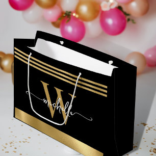 Grand Sac Cadeau Initiales de monogramme stylées écriture rayée noi