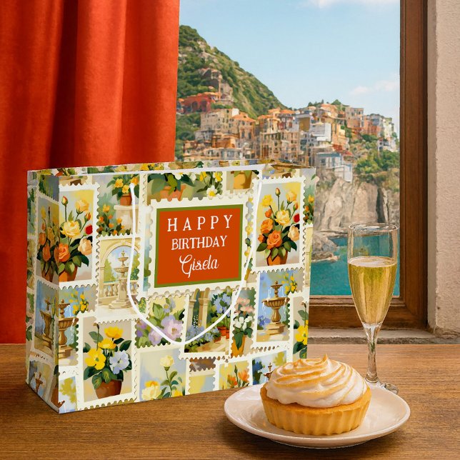 Grand Sac Cadeau Italian Festive Pattern Gift Bag (Large gift bag featuring a whimsical illustration of flowers and fountains in Italian style)