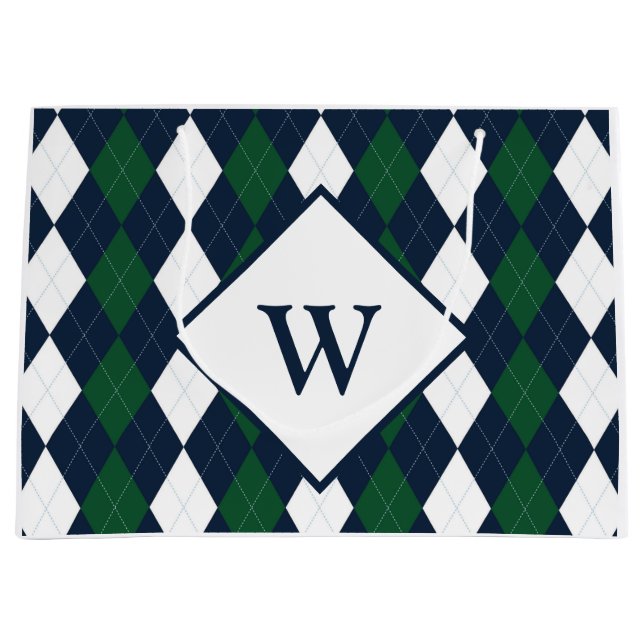 Grand Sac Cadeau Jacquard bleu et vert Monogramme (Devant)