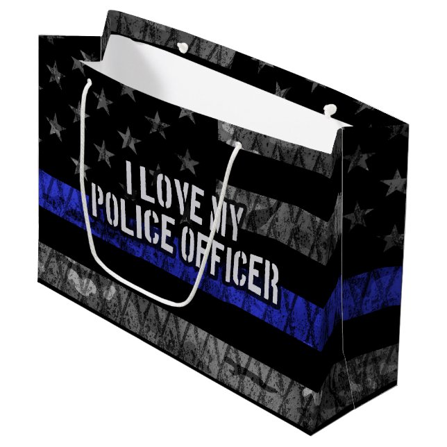 Grand Sac Cadeau J'Aime Mon Policier Mince Ligne Bleue Distresse (Devant Angle)