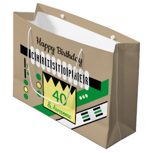Grand Sac Cadeau Jalon spécial nom d'anniversaire brun vert