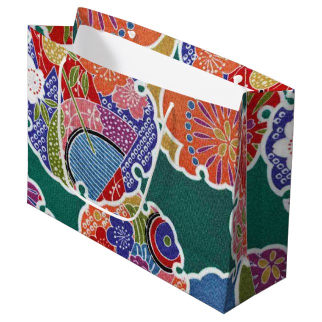 Grand Sac Cadeau Japonais KIMONO Textile, Floret Motif (Devant Angle)
