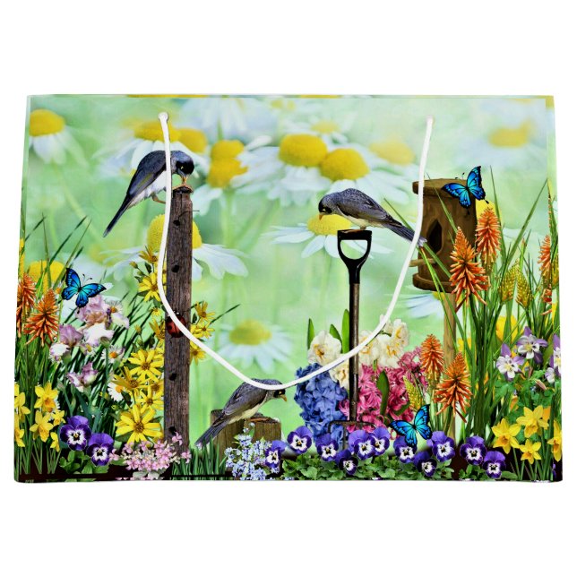 Grand Sac Cadeau Jardin aux fleurs de Birdhouse (Devant)