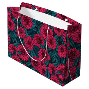 Grand Sac Cadeau Jardin de Dahlia Rouge/feuilles bleus