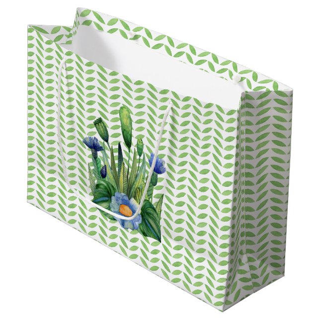 Grand Sac Cadeau Jardin Floral Bleu Et Vert (Devant Angle)