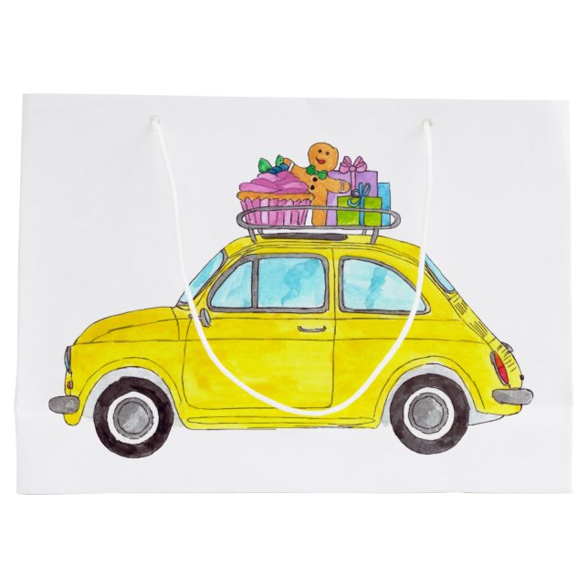 Grand Sac Cadeau Jaune Fiat 500 cadeaux de Noël Aquarelle (Dos)