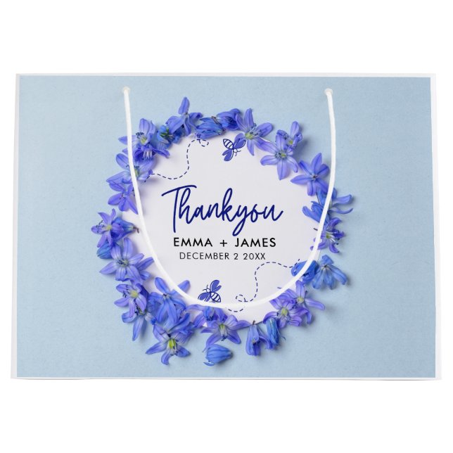 Grand Sac Cadeau Joli Blue Hydrangeas Script Mariage Merci (Devant)