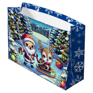 Grand Sac Cadeau Joli Cartoon Père Noël et Reindeer Noël