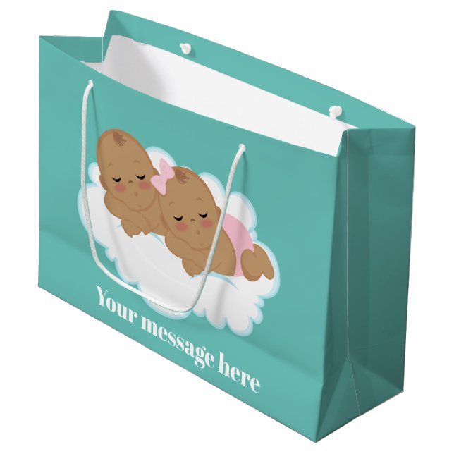 Grand Sac Cadeau Joli garçon fille jumeaux baby shower (Devant Angle)