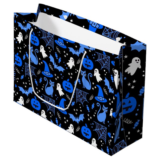 Grand Sac Cadeau Joli motif d'Halloween citrouille fantôme bleu (Devant Angle)