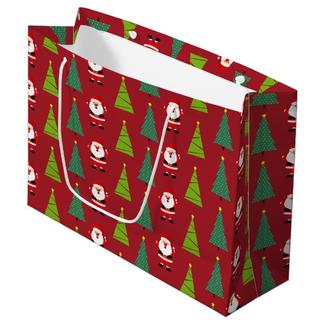 Grand Sac Cadeau Joli Noël Arbres & Père Noël Motif Rouge (Devant Angle)