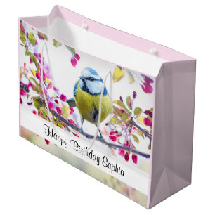Grand Sac Cadeau Joli oiseau bleu et jaune sur une branche Annivers