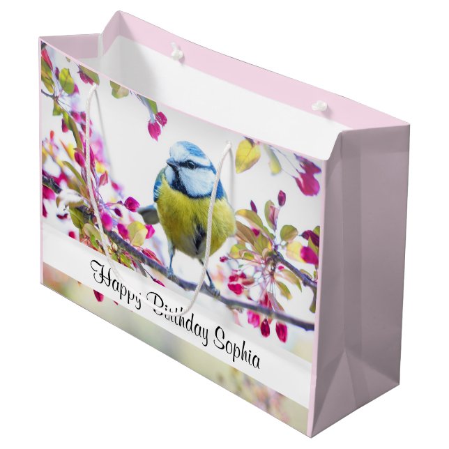 Grand Sac Cadeau Joli oiseau bleu et jaune sur une branche Annivers (Devant Angle)