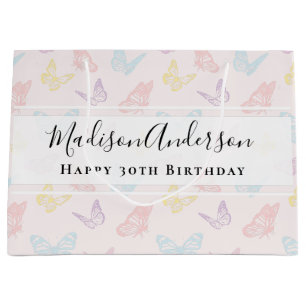 Grand Sac Cadeau Joli Papillon rose Pastel Imprimer Joyeux Annivers