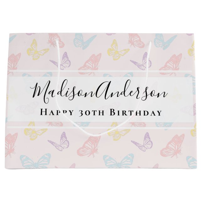 Grand Sac Cadeau Joli Papillon rose Pastel Imprimer Joyeux Annivers (Devant)