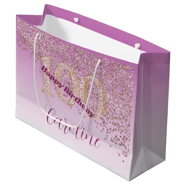 Grand Sac Cadeau Joli Rose  Gold Parties scintillant 100e anniversa (Devant Angle)