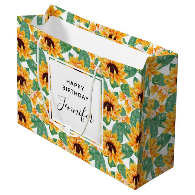 Grand Sac Cadeau Joli tournesol Jaune & Vert Motif Anniversaire (Devant Angle)