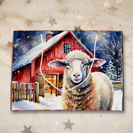 Grand Sac Cadeau Jolie aquarelle Moutons de Noël et Grange rustique