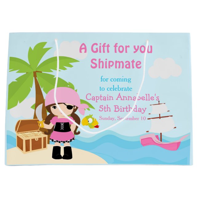 Grand Sac Cadeau Jolie Brunette Pirate Girl en Merci rose (Devant)
