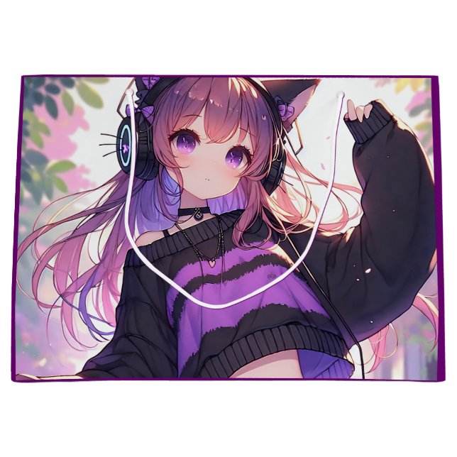 Grand Sac Cadeau Jolie fille Anime dans les casques Anniversaire (Devant)