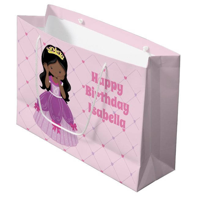 Grand Sac Cadeau Jolie princesse afro-américaine rose Anniversaire (Devant Angle)
