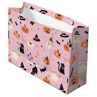 Grand Sac Cadeau Jolis fantômes roses d'Halloween, chats et citroui