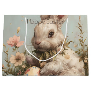 Grand Sac Cadeau Jolis œufs de lapin Fleurs Pâques