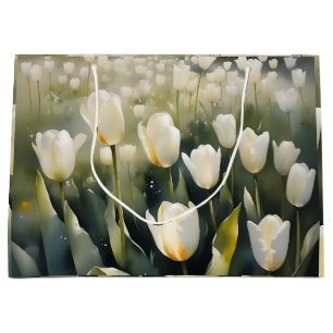 Grand Sac Cadeau Jolis tulipes blancs jardin peinture aquarelle