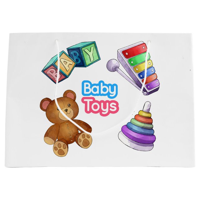 Grand Sac Cadeau Jouets pour bébés ( Illustrations of baby toys, including a teddy bear, 
a xylophone and stacking rings!)