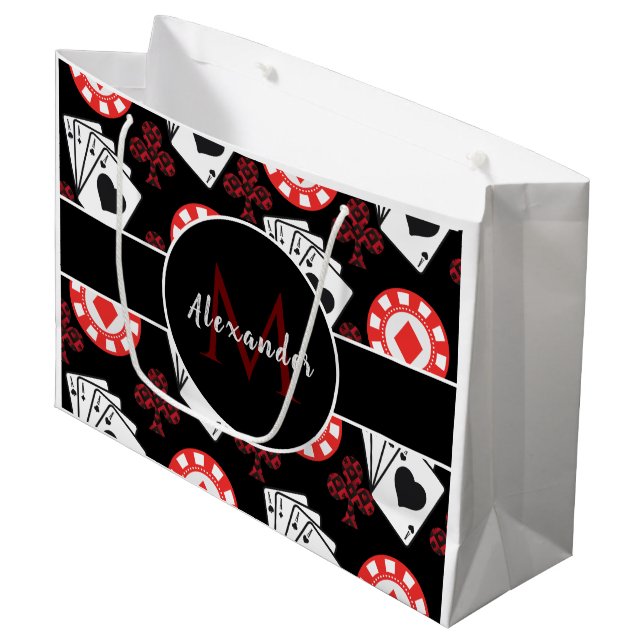 Grand Sac Cadeau Joueur Motif de thème de poker moderne Monogramme  (Devant Angle)