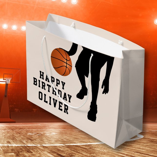 Grand Sac Cadeau Joueur noir de basket Silhouette Joyeux anniversai (Créateur téléchargé)