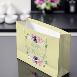 Grand Sac Cadeau Jour de mères heureux - rose et guirlandes de