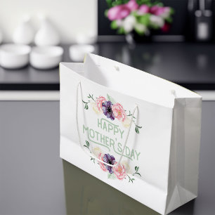 Grand Sac Cadeau Jour de mères heureux - rose et guirlandes de