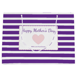 Grand Sac Cadeau Joyeuse Fête des Mères Violet Rayures Blanches Cœu