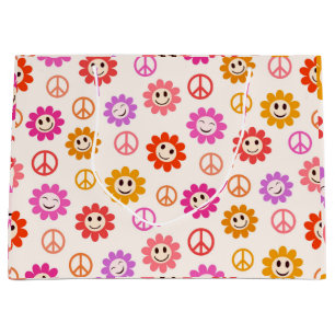 Grand Sac Cadeau Joyeuses Fleurs souriantes motif avec des signes d