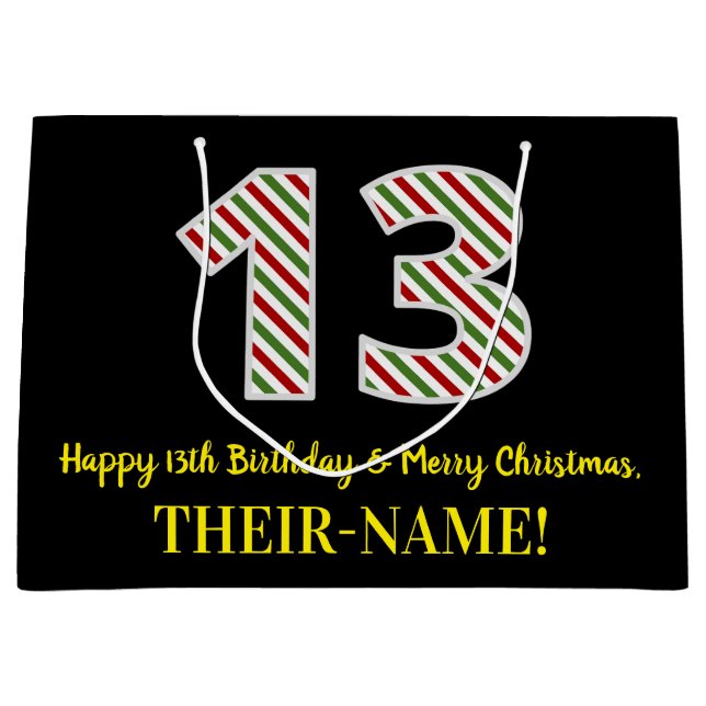 Grand Sac Cadeau Joyeux 13e anniversaire & Joyeux Noël, Nom personn (Devant)