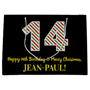 Grand Sac Cadeau Joyeux 14e anniversaire & Joyeux Noël, Nom personn