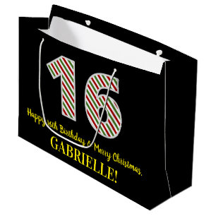 Grand Sac Cadeau Joyeux 16e anniversaire & Joyeux Noël, Nom personn