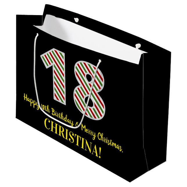 Grand Sac Cadeau Joyeux 18e anniversaire & Joyeux Noël, Nom personn (Devant Angle)