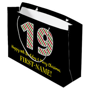 Grand Sac Cadeau Joyeux 19e anniversaire & Joyeux Noël, Nom personn