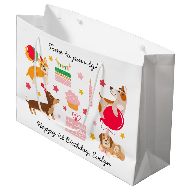 Grand Sac Cadeau Joyeux 1er anniversaire de la fille 'Pawty' (Devant Angle)
