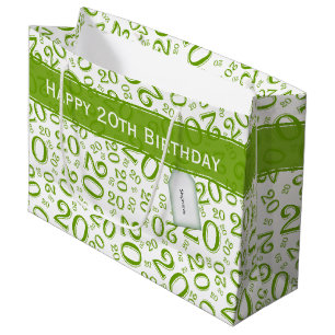 Grand Sac Cadeau Joyeux 20e anniversaire Numéro Motif Vert/Blanc