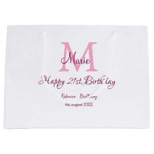 Grand Sac Cadeau Joyeux 21e Anniversaire rose ajouter nom monogramm