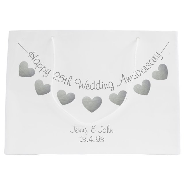 Grand Sac Cadeau Joyeux 25e anniversaire du Mariage Coeurs d'argent (Devant)